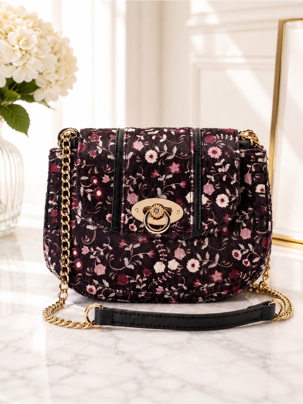 LC Lauren Conrad Floral Crossbody Bag Saddle Boho Wine Chain Strap NWT